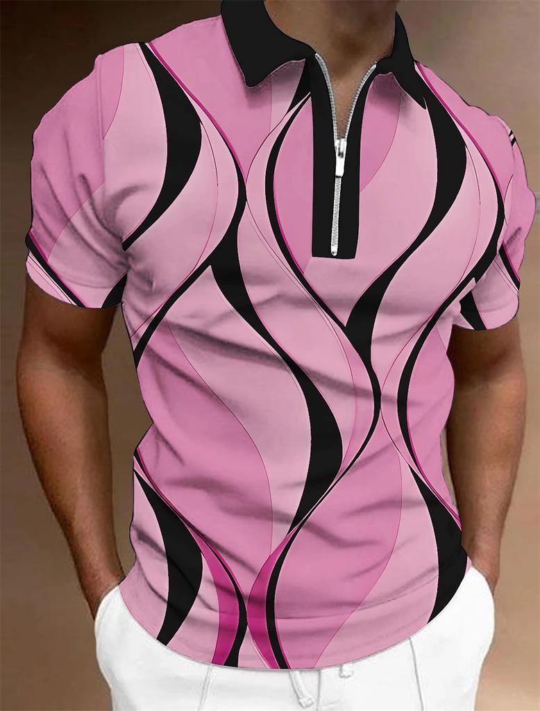 Men's Zipper Polo, Collar Polo Shirt, Golf Shirt, Graphic Print, Geometry, Linear Opening, Short Sleeve, Zipper Clothing Top