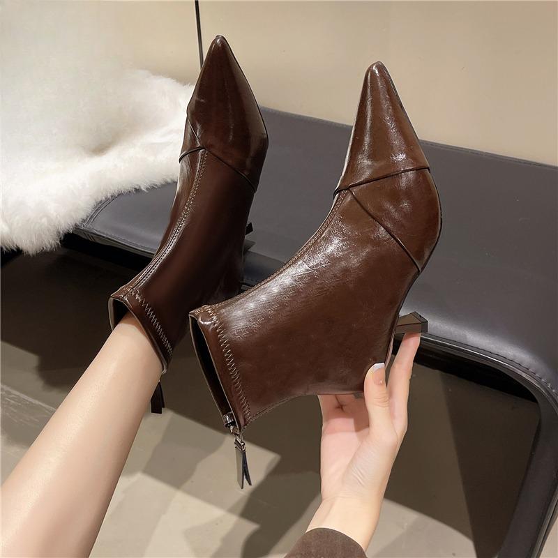 Skinny Heel Booties Fashion Pointed Toe Spliced Rear Zipper Soft Sole Anti-Slip Wear-Resistant Skinny Boots