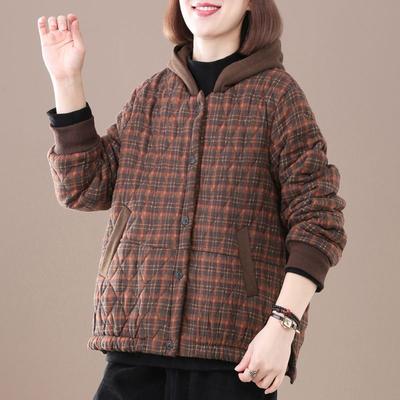 Dicker Mantel Damen Winter Retro Kariert Kapuze Lässig Warm Bequem Leicht Baumwollmantel Top