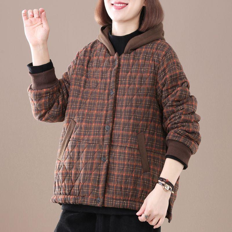 Thick Coat Women Winter Retro Plaid Hooded Casual Warm Comfortable Lightweight Cotton Coat Top