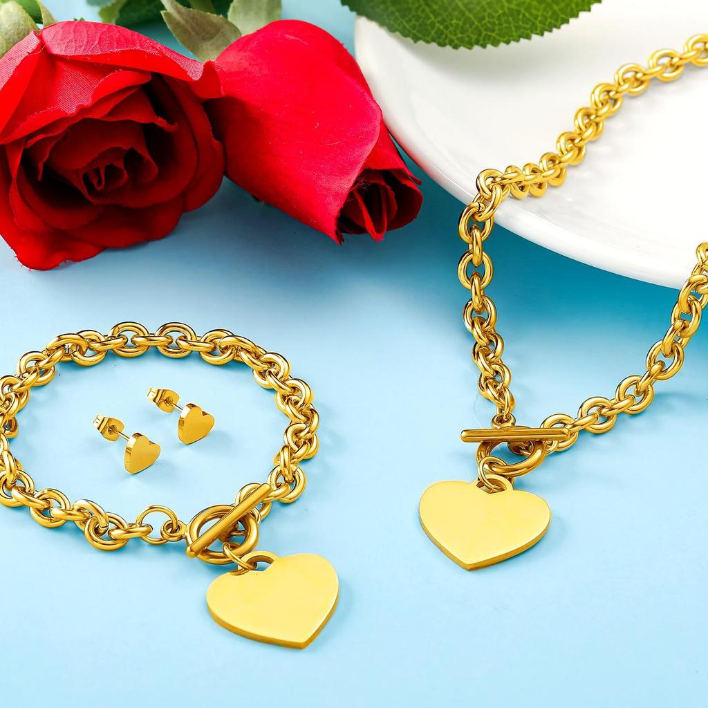 Heart Tag Jewelry Set Silver OT Toggle Chunky Chain Necklace Bracelet Matching Heart Stud Earrings