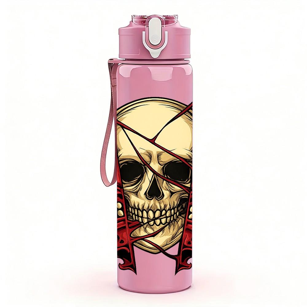1PC Red Skull Rose Ornate Print 750ml Color Plastic Sports Water Bottle Leakproof Flip Straw Lid Suitable for Sports Office Home Use