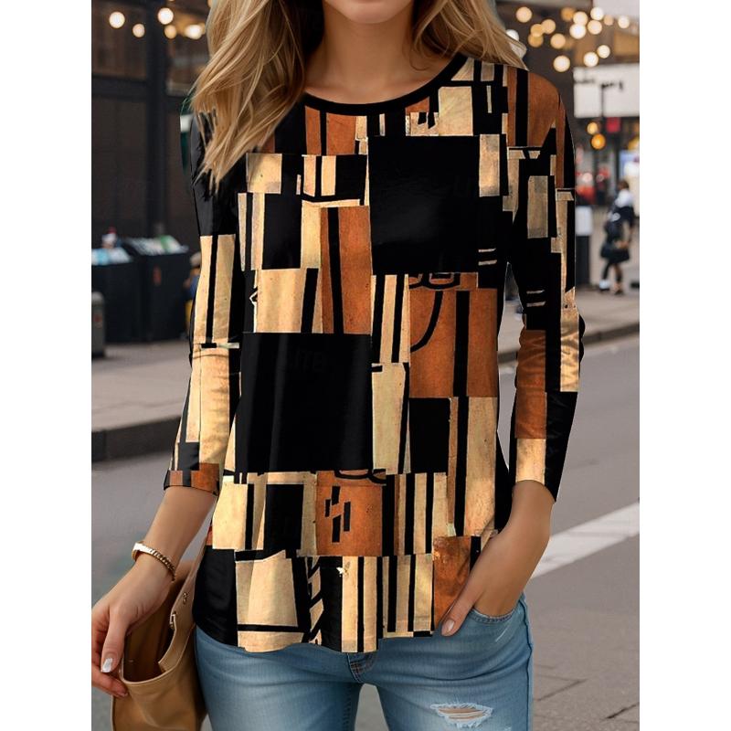 Striped Checkered Printed Pattern Women's Long Sleeved T-shirt, Winter Warm T-shirt Top, Fashionable Casual T-shirt, Must-have Top for Parties
