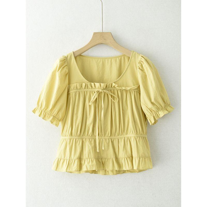 

Плиссированная рубашка из хлопка с коротким рукавом в стиле Инс, подчеркивающая талию и создающая стройный силуэт Yellow/white shoulder 155/80A/S