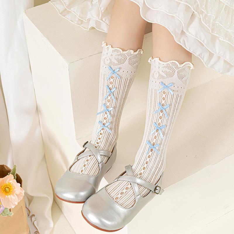 Girls Over The Knee High Socks Retro Stripes Hollow Mesh Cute Bowknot Princess Baby Kids Long Stockings