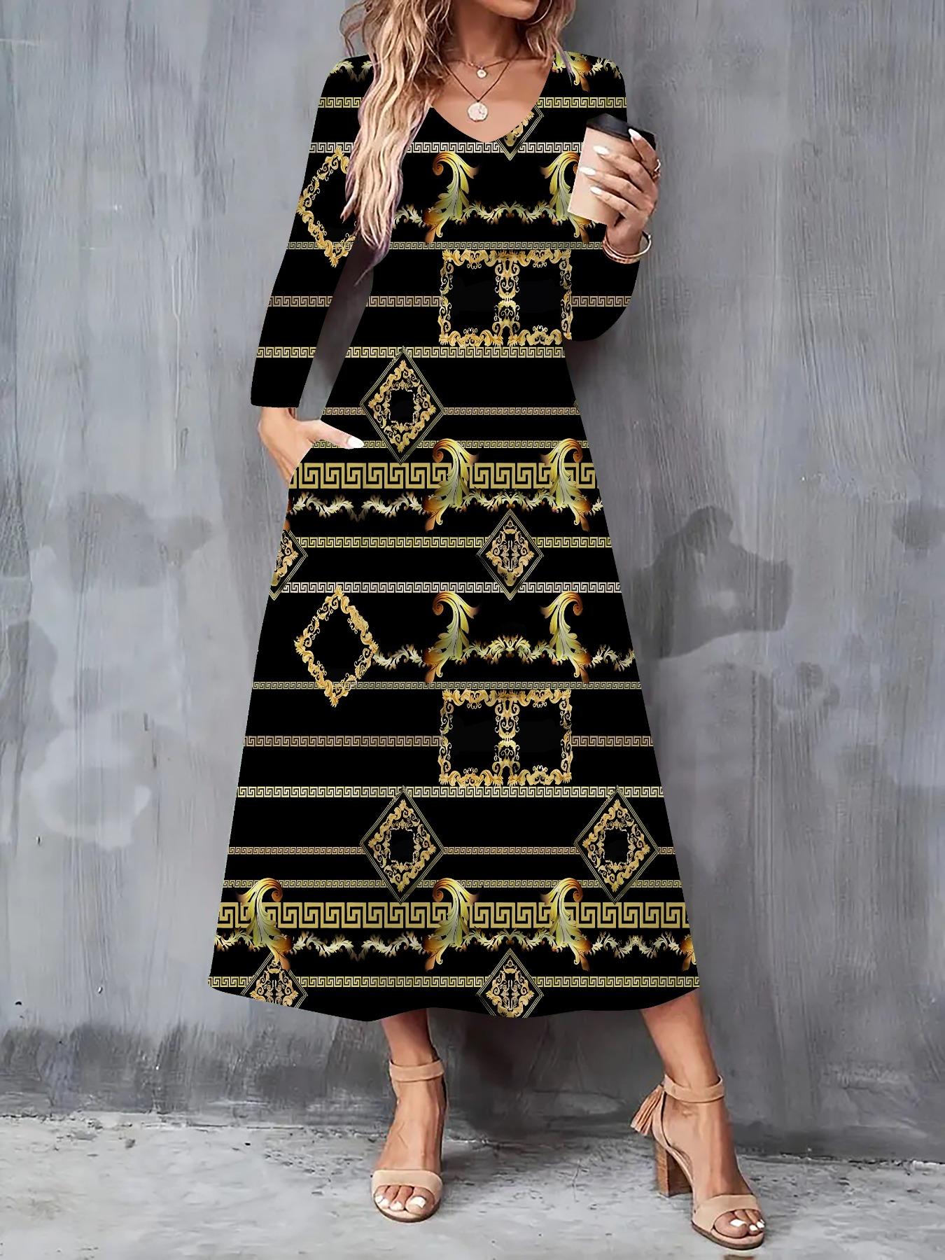 

2025 Autumn and Winter New Women Casual Fashion Dress 3D Geometric Pattern Print Long Sleeve V-Neck A-Line Dresses XXL жовтий