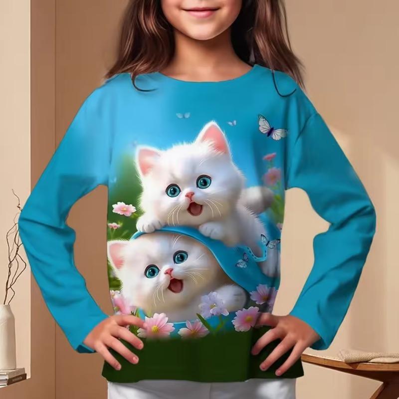 Abbigliamento Bambini Magliette Manica Lunga Bambina Maglietta Bambino Cartone Animato Girocollo Stampa Gatto Casual Abiti Estivi Bambina Top Maglietta