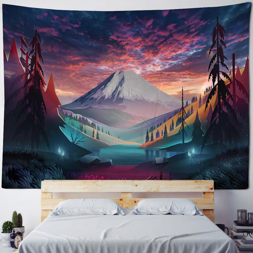 Colorful Landscape Illustration Tapestry Wall Art Decoration Dreamy Forest Mountain Bedroom Living Room Hippie Home Decoration