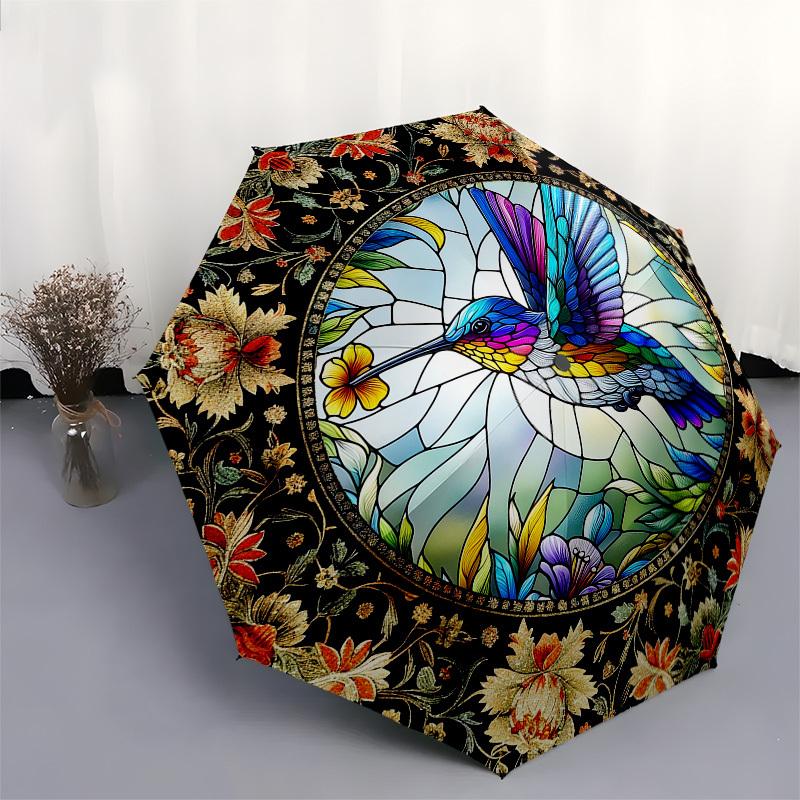 Color Retro HummingbirdThemed Automatic Opening and Closing Umbrella - 8 Ribs, Suitable for Leisure and Going Out, Outdoor Accessory, Gothic