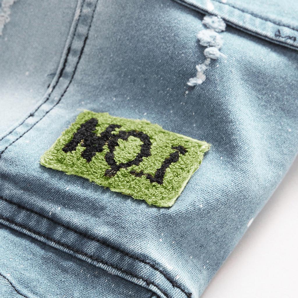 Men's Fashion Denim Shorts Personality Casual Hole Embroidery Pattern Trend Stretch Jeans