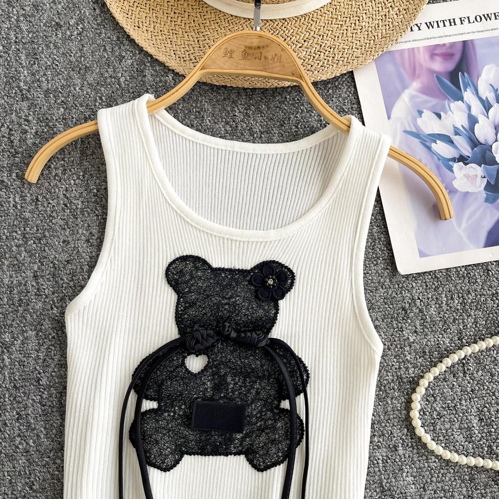 Summer Women Chic Sleeveless Cartoon Knitted Sweater Short Pullover Vest for College Girl