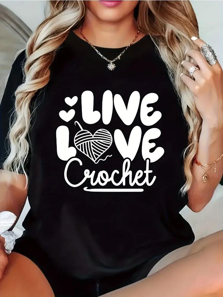 

Womens Patterned TShirt LIVE LOVE Crochet Print with Heart Design Casual ShortSleeve Top Crew Neck Everyday Wear S