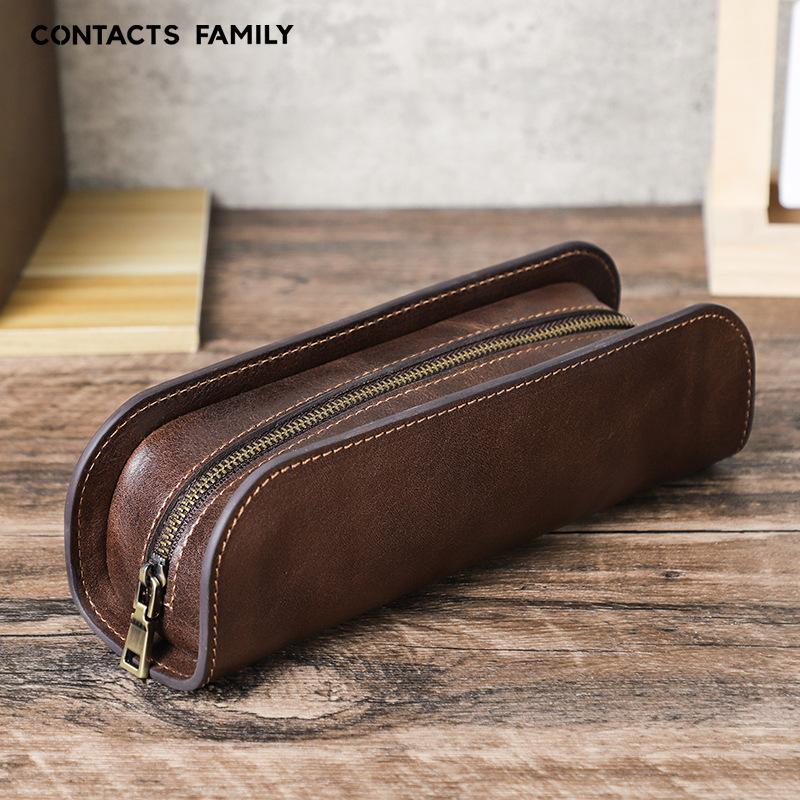 Brown Thick Cowhide Pencil Case Handmade Large Capacity Student Office Zipper Creative Pen Storage Box