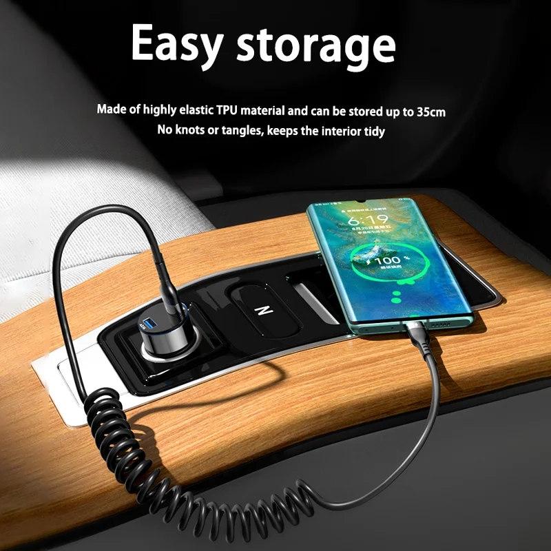 66W 5A USB Type C Data Cable 3A Micro USB Spring Pull Telescopic Fast Charging Cable for Sumsung Xiaomi POCO Huawei Honor LG