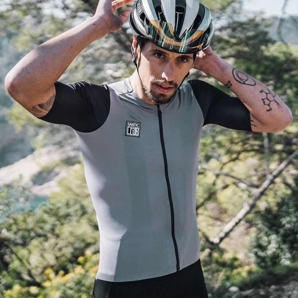 Santic Men's Short Sleeve Cycling Jersey, Spring/Summer, Lightweight, with Back Pocket, Breathable and Quick-Drying, Gray, Size S