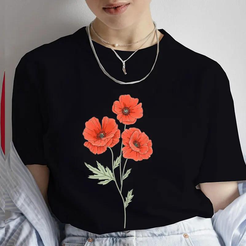 Fashion Red Poppy Flower Unisex T Shirt Funny Tops Tee Female Short Sleeve Tshirt Harajuku Tee Shirts Female Tee Girls Tshirts