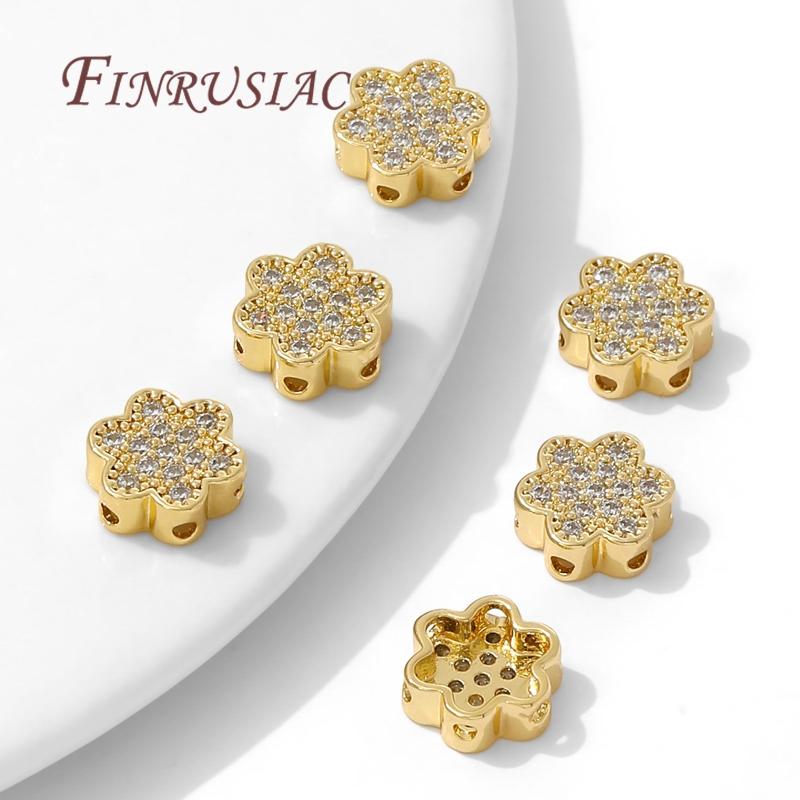 10*4mm 18K Gold Plated Brass with Zircon Flowers Beads For Bracelets Making Accessories,Separator For Beads,Spacer Bead Findings