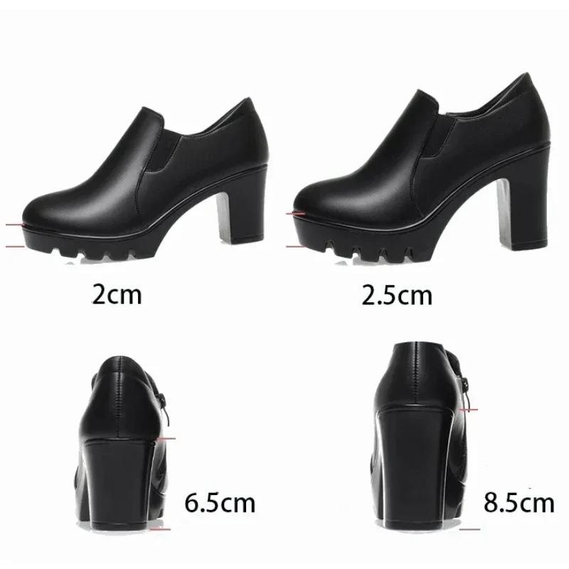 6.5cm 8.5cm Elegant Black Block High Heels Shoes Deep Mouth Spring 2025 Thick Platform Pumps Soft Leather for Office Model Work