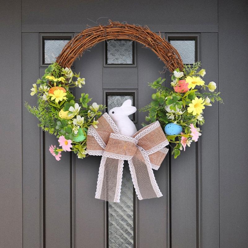 Easter Wreath for Front Door Home Decorations Photoshoots Bowknot Wreath Hanging Decor Easter Rabbit Wreath Ornament