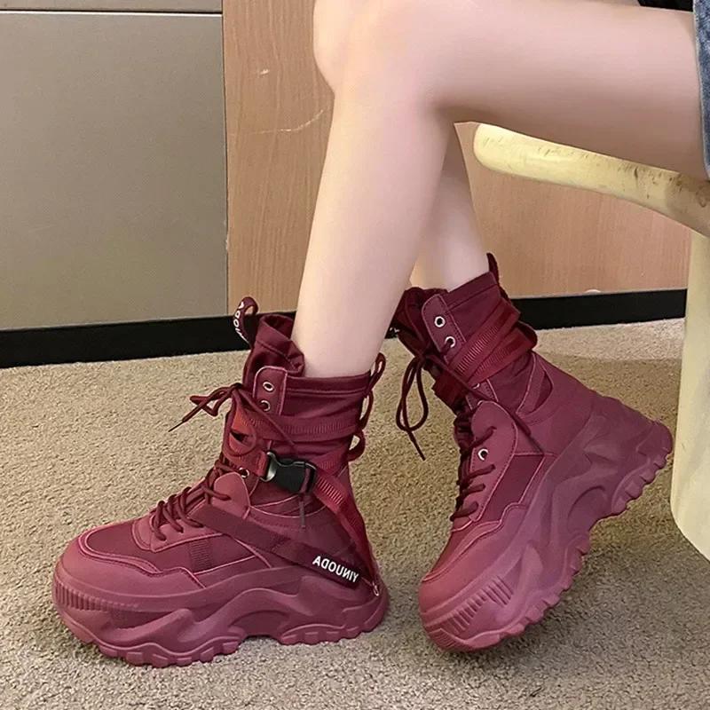 Fashion Classic Lace-up Platform Boots Women Mid-calf Flat Boots for Women Mesh Leather Splicing Light Non-slip Breathable Casual Boots