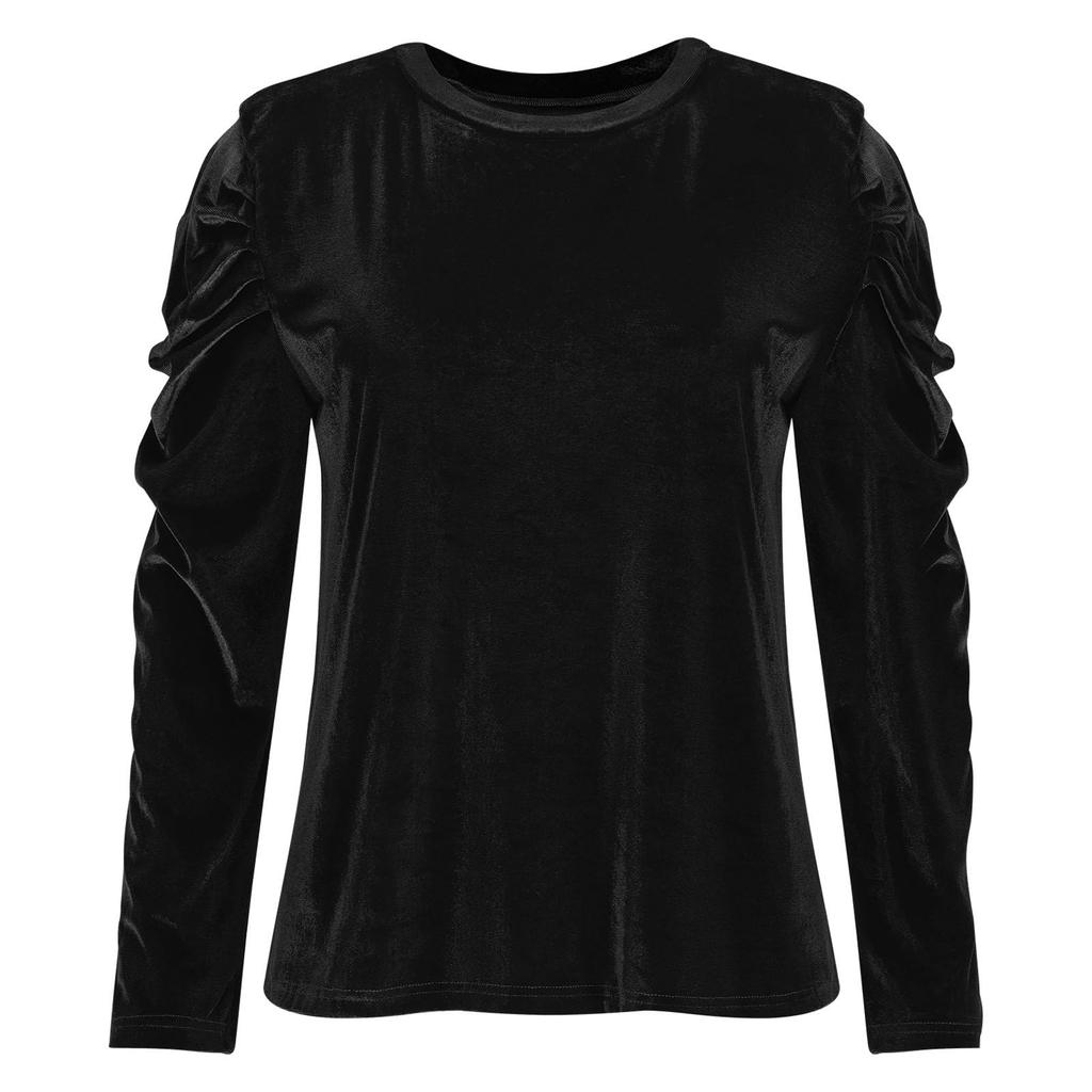Women's Velvet Puff Long Sleeve Round Neck Pullover Color Casual Top