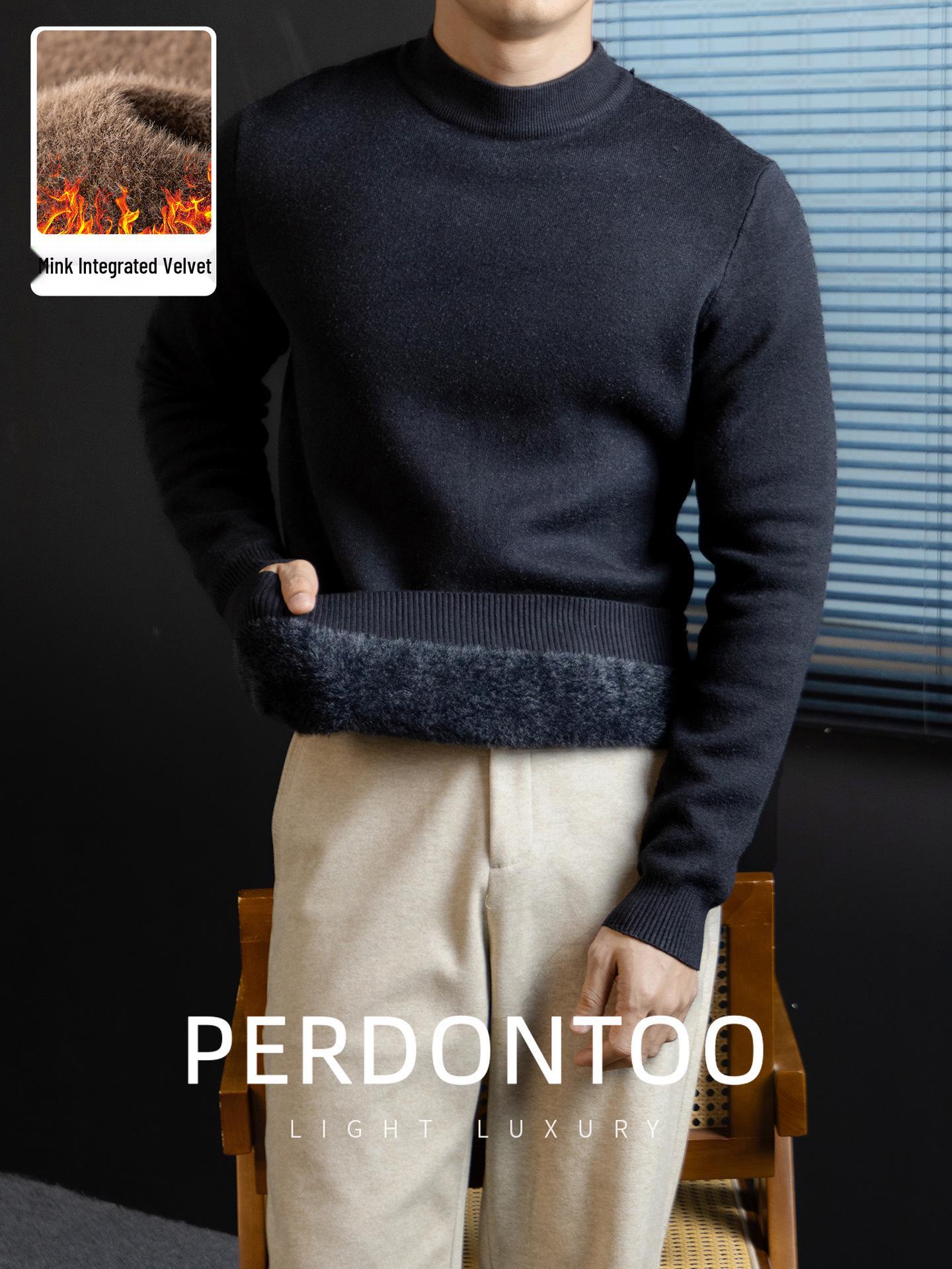

Men s High-Grade Heat-Retaining Imitation Mink Velvet Sweater: Autumn/Winter Thick Slim-Fit Knitwear with Half-High Collar Medium