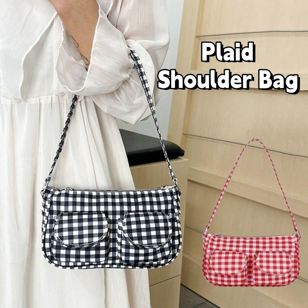 Korean Style Canvas Handbag Harajuku Underarm Bag Versatile Plaid Shoulder Bag  Women