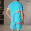 Men Plus Size Round Neck Short Sleeve Cyan Colorful Striped Printed T Shirt And Pocket Shorts Two Piece Set