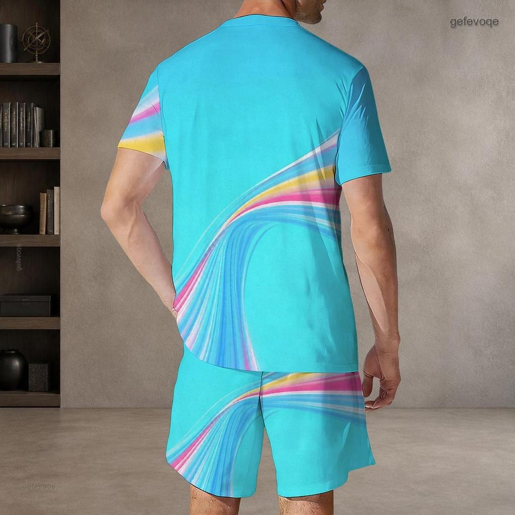 Men Plus Size Round Neck Short Sleeve Cyan Colorful Striped Printed T Shirt And Pocket Shorts Two Piece Set