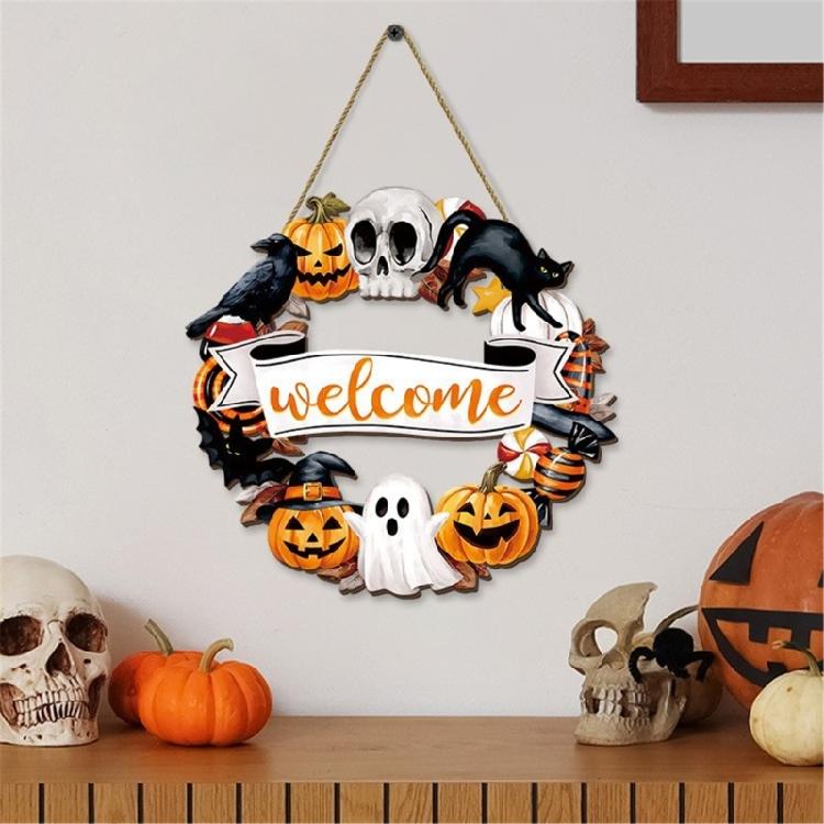 Halloween Türschild Dekoration Hängend Holz Wanddekoration Rustikal Haustür Hänger für Zuhause Zimmer Innen Außen Feiertag