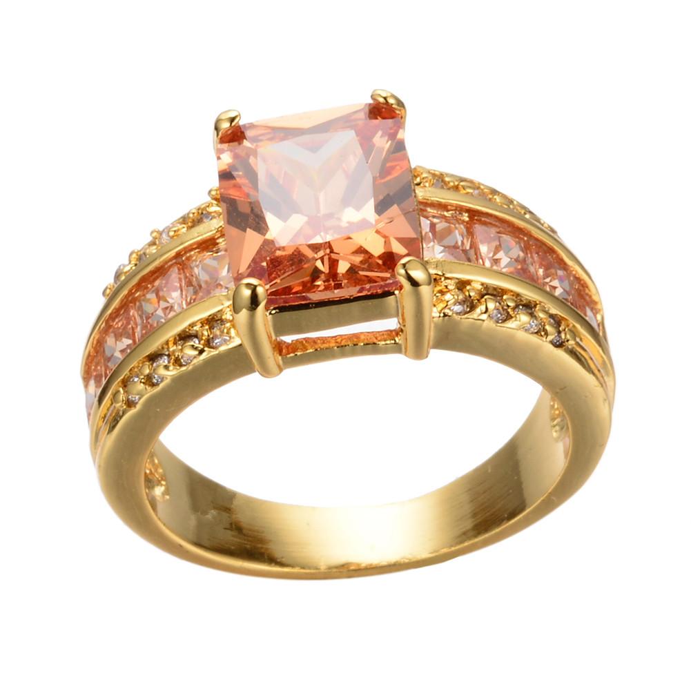 Fashion Exquisite Rectangle Cut Champagne Stone CZ Ring Yellow Gold Color Engagement Princess Love Ring Wedding Band Ring Valentine's Day Gift