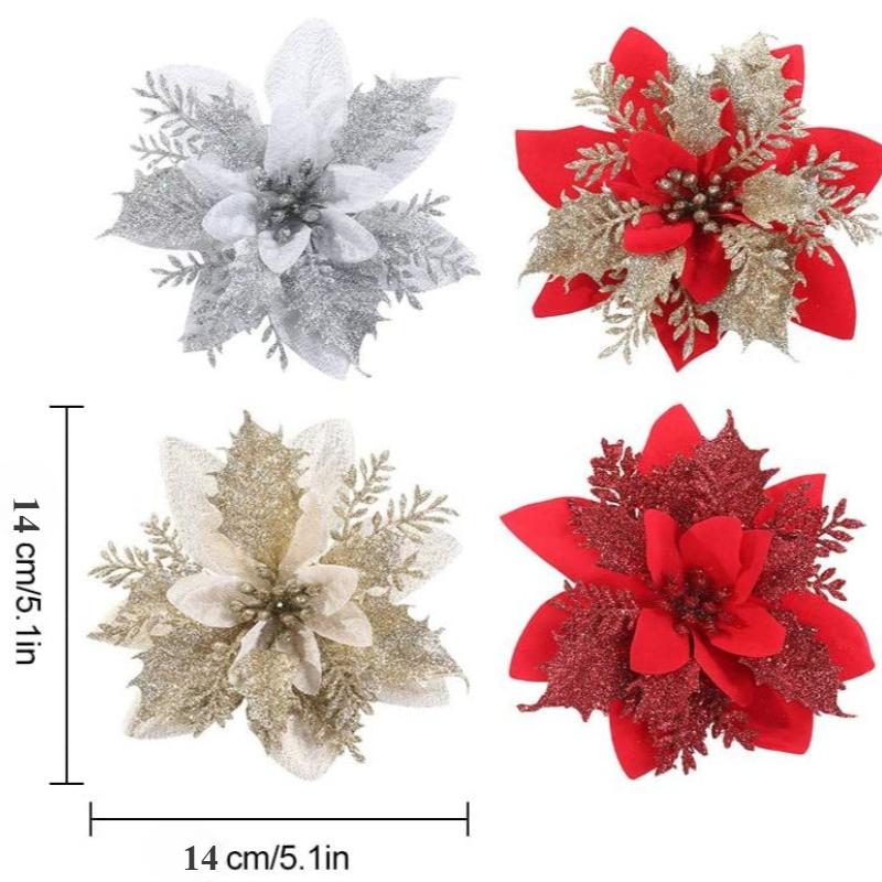 14cm Glitter Artificial Christmas Flowers Xmas Tree Ornaments Merry Christmas Decorations for Home New Year Gift
