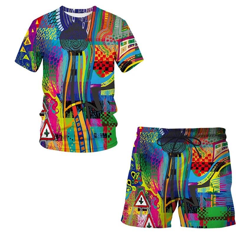Summer fashion men's suit Abstract art pattern 3D T-shirt printed Lapel short sleeve shirt beach shorts Hawaiian men's suit 2pcs