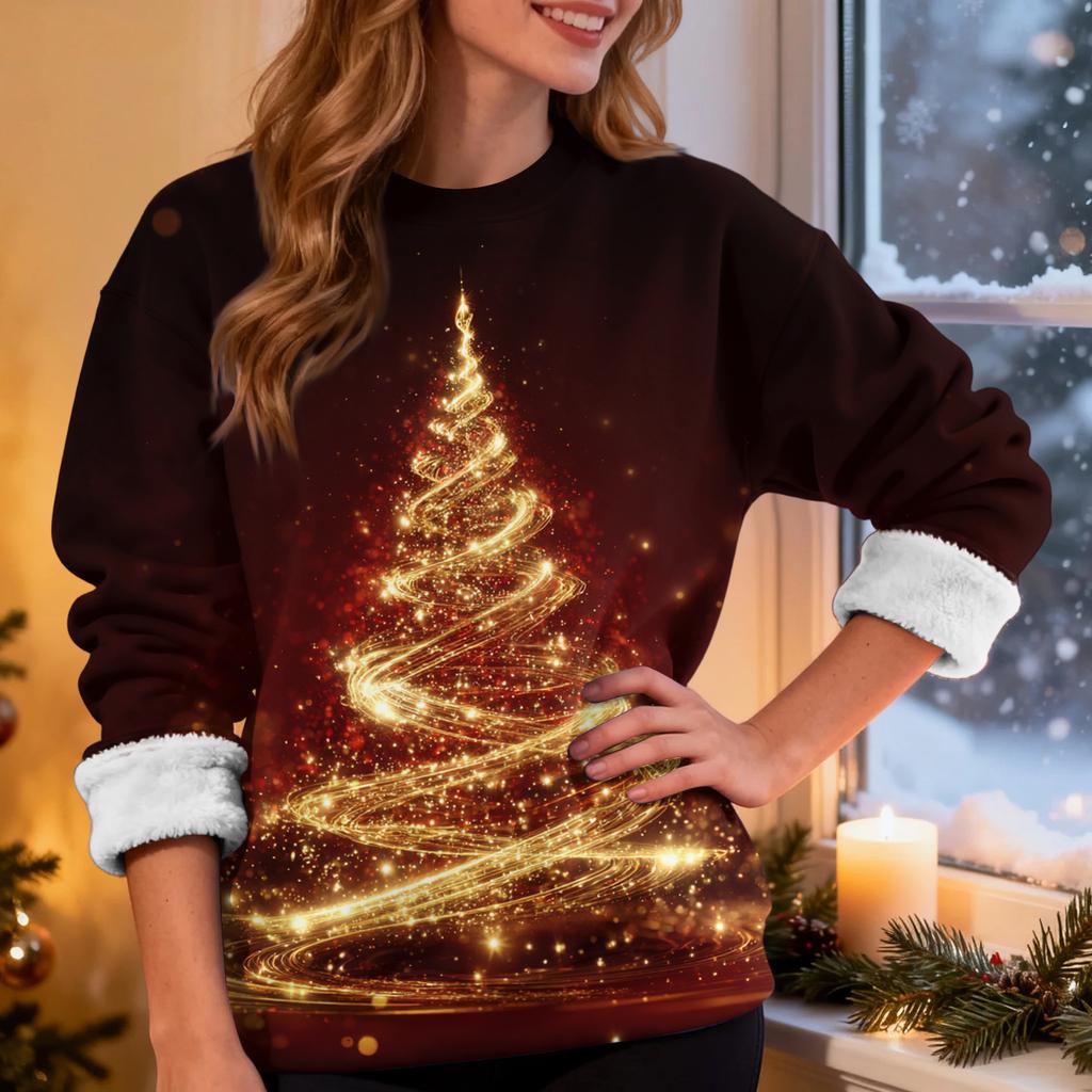 Women's Casual Fashion Round Neck Plus Velvet Thickened Christmas Print Sweatshirt