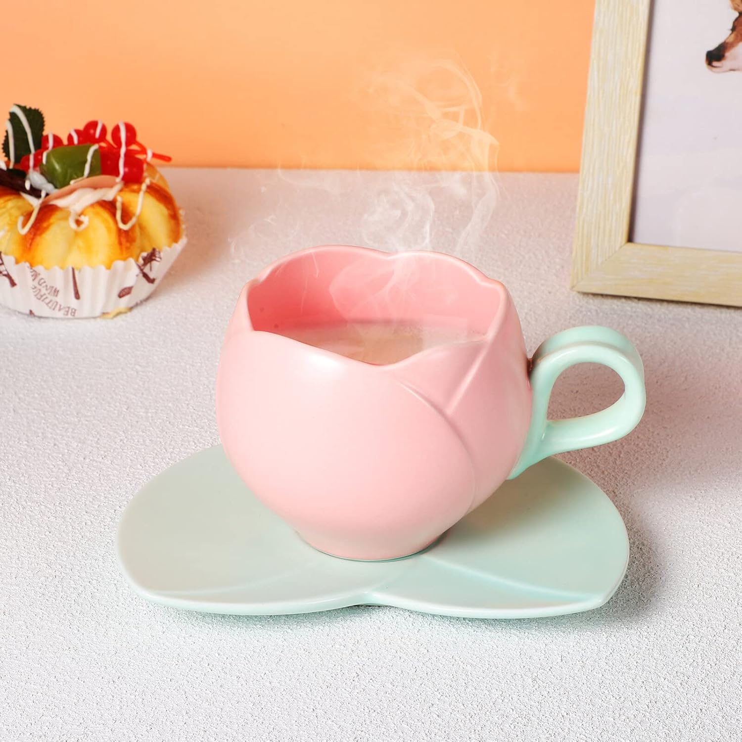 BESPORTBLE Ceramic Tulip Coffee Mug with Saucer, Tulip Tea Cup Cute Mug Set for Tea Coffee Milk for Home Office (10.14oz/ 300ml)