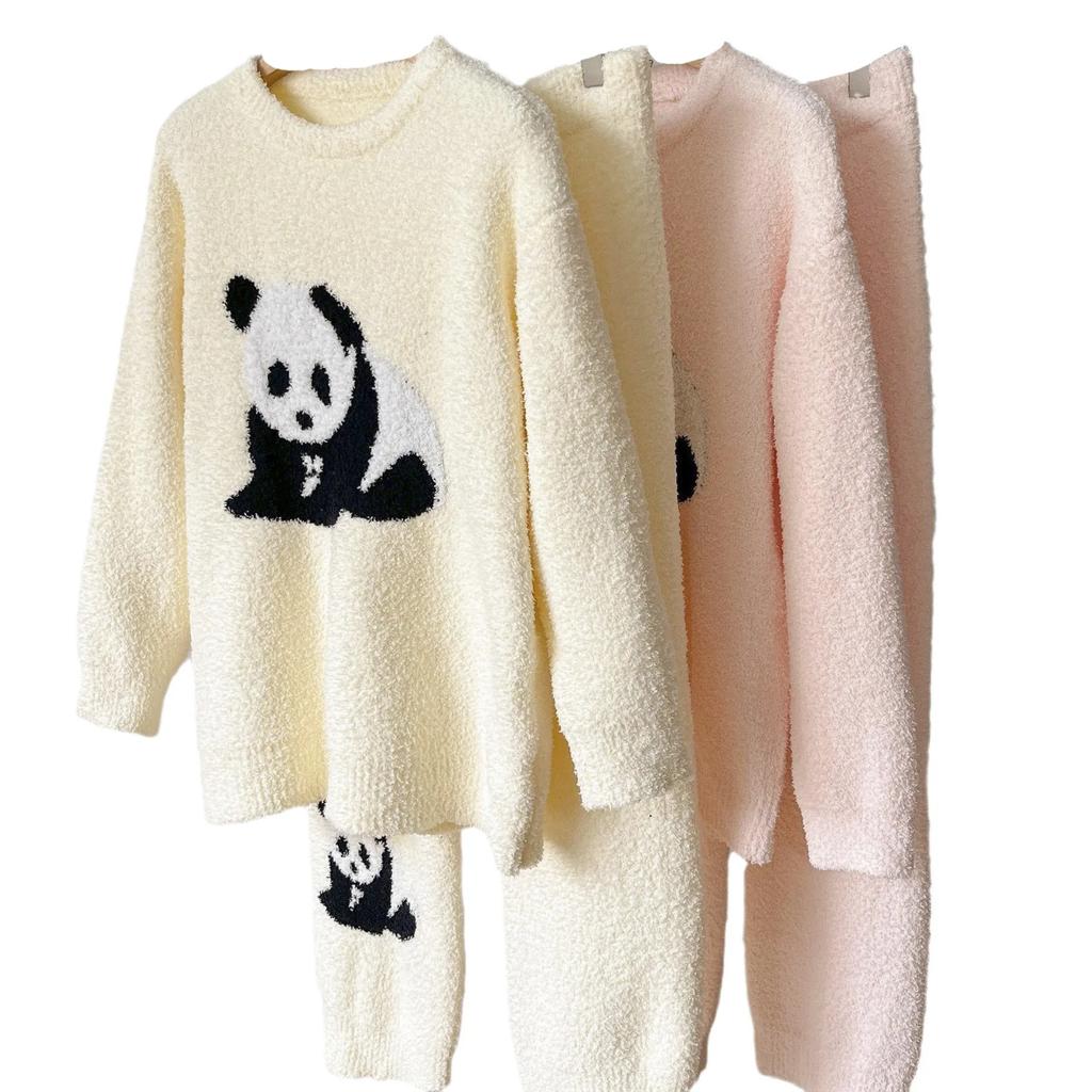 Winter Dickes Plüsch Nachtwäsche Zweiteiliges Set Damen Süß Niedlich Cartoon Panda Pyjama Flanell Fleece Loungewear Pijamas Homewear