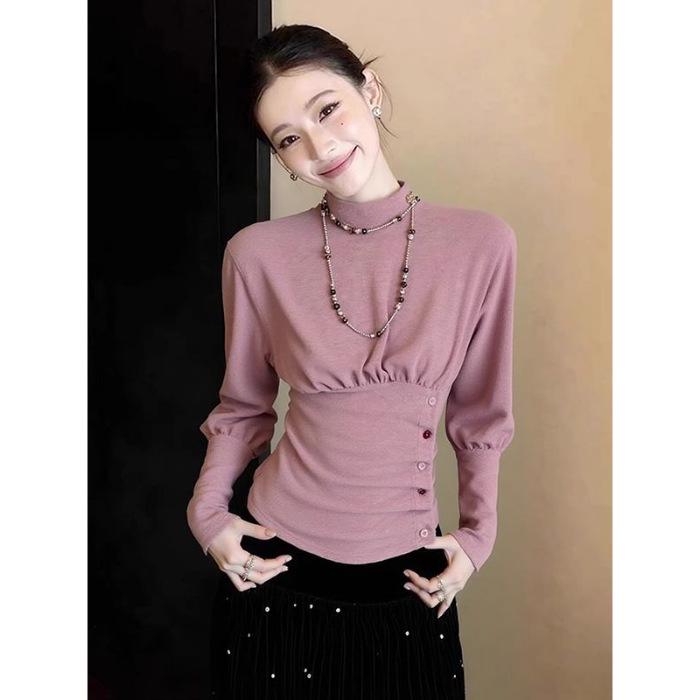 Korean Style Pink Waist-Cinched T-Shirt - Elegant Winter Niche Design Small