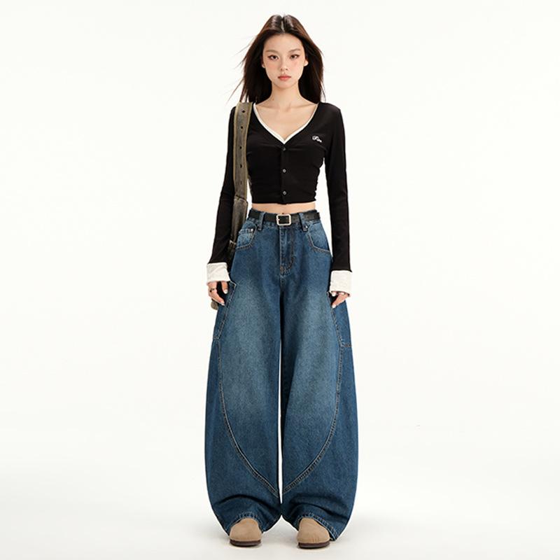 American retro big pocket tooling scimitar jeans women's loose wide-leg sickle silhouette design dad pants