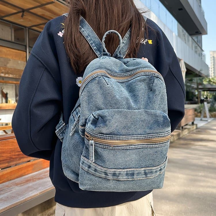 Zaino rétro in denim da donna a grande capacità
