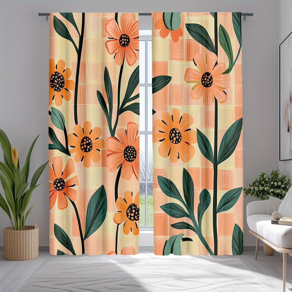 2er Set Orange-Blumen-Karomuster Vorhänge, Polyesterstoff, maschinenwaschbar, geeignet für Wohnzimmer-/Schlafzimmerdekoration