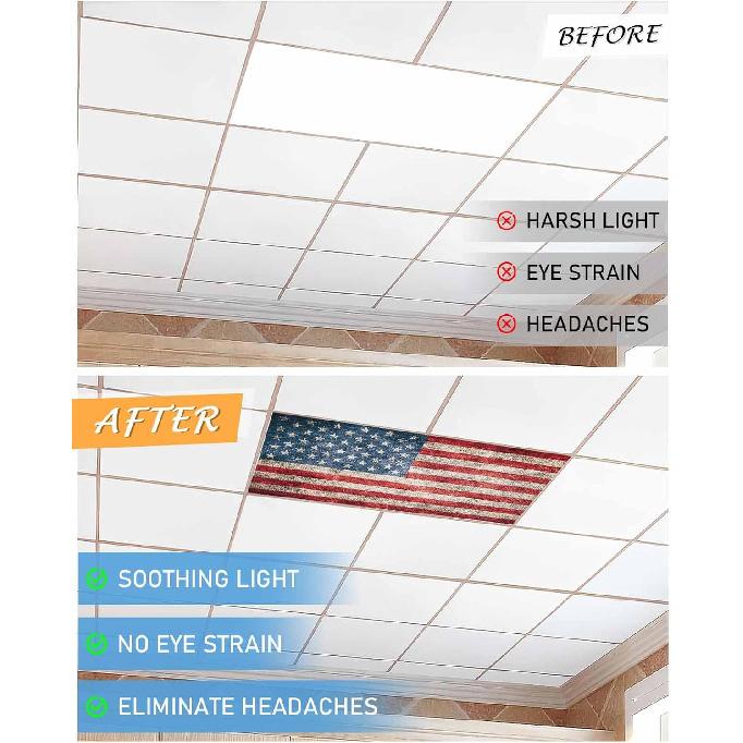 4 Pack Fluorescent Light Cover for Ceiling Lights, American Flag Magnetic Classroom Light Filters 4x2 Feet, Vintage Blue Red USA Flag Decorative