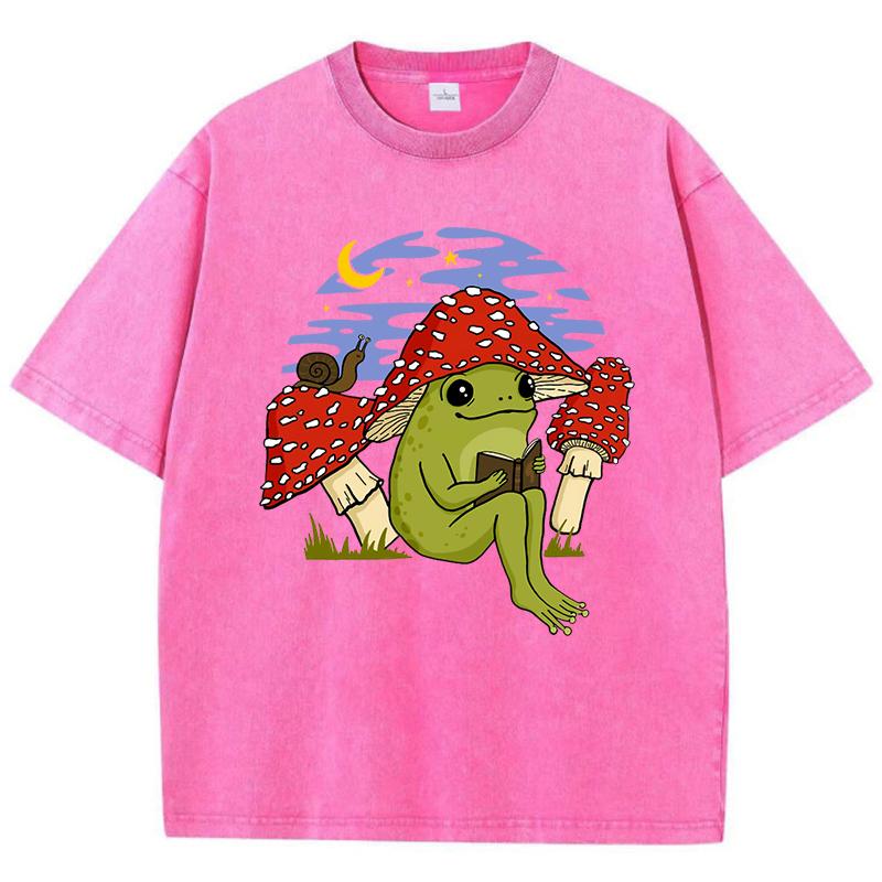 Cute Frog Mushroom Hat Reading Book Print Washed T-Shirt Women Jogging Cotton T Shirts Vintage Clothes Loose Short Sleeve