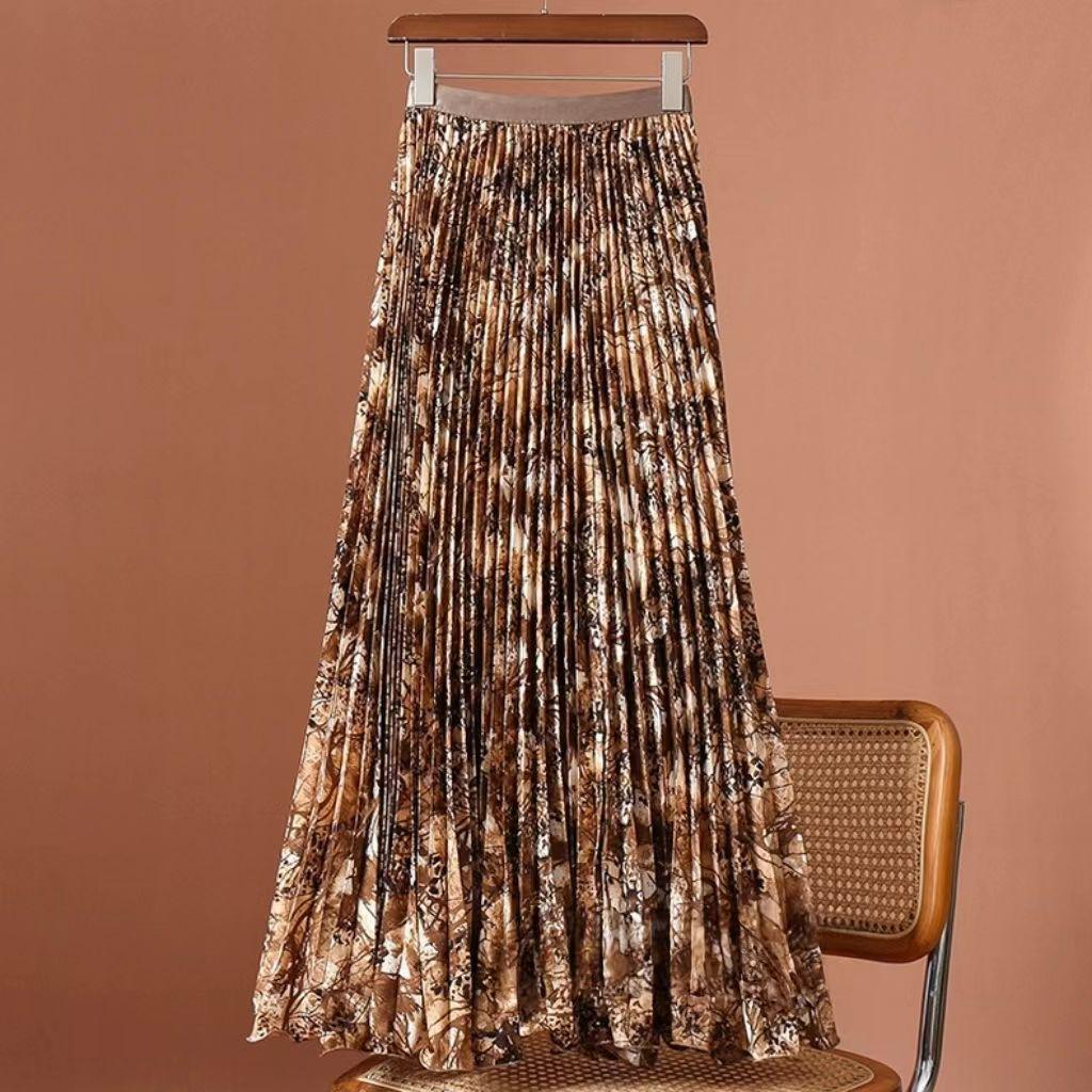 Korean Style Textured Pleated Midi Skirt - High Waist, A-Line, Versatile for Commute