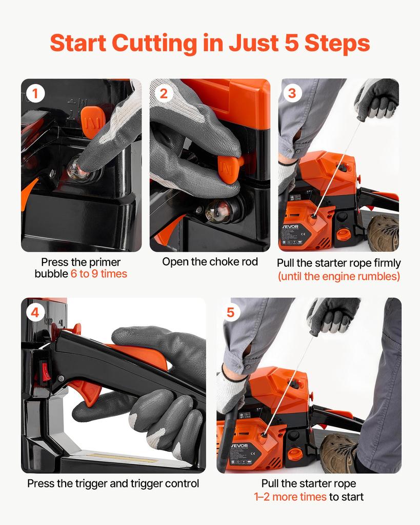 VEVOR Gas Powered Chainsaw 457.2 mm 52CC 2kW 2 Stroke Engine Gas Chainsaw, for Wood Cutting, Tree Trimming & Land Clearing, Throttle-Synced Choke