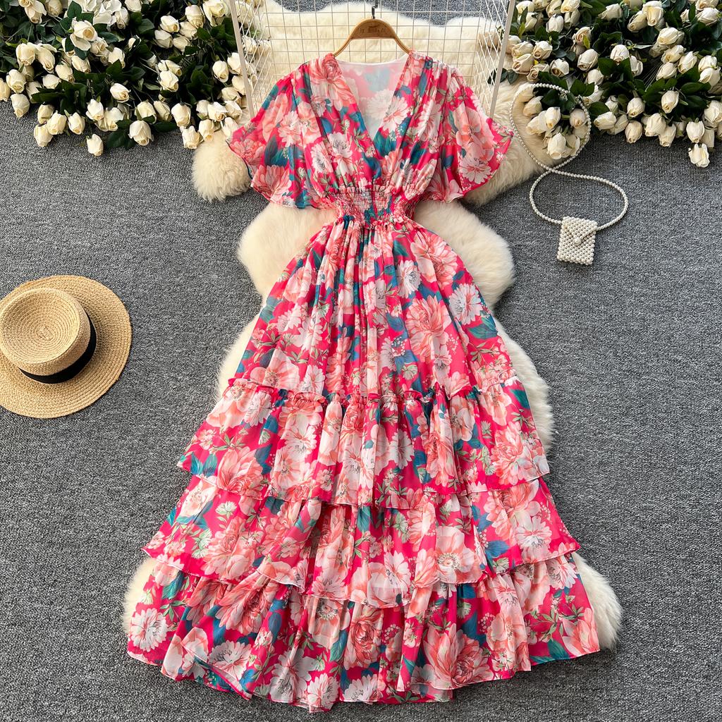 Retro V-Ausschnitt Schmetterlingsärmel Druck Chiffon Elegantes Sommerkleid A-Linie Schlagärmel Urlaubsdruck Damenkleider