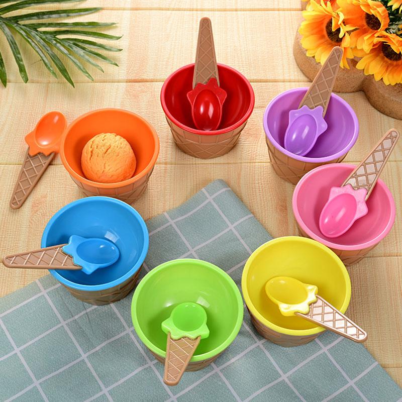 Ice Cream Serving Bowl Set with Spoons - Double Layer Cartoon Plastic Bowls for Creative Desserts