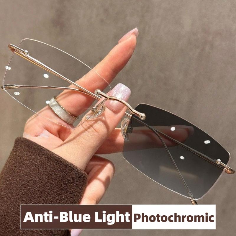 Women's INS Style Photochromic Myopia Glasses Fashionable Frameless Blue Light Blocking Turn Grey Near Sight Eyewear 0 To -4.0
