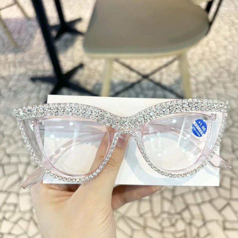 Luxury Diamond Cat Eye Reading Glasses Frames Anti Blue Light Presbyopia Eyewear Fashion Eyewear Brand Designer Eyeglasses