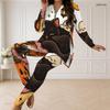 Women Plus Size Halloween Cartoon Printed Half Zip Long Sleeve Top And Fitted Pants Two Piece Set