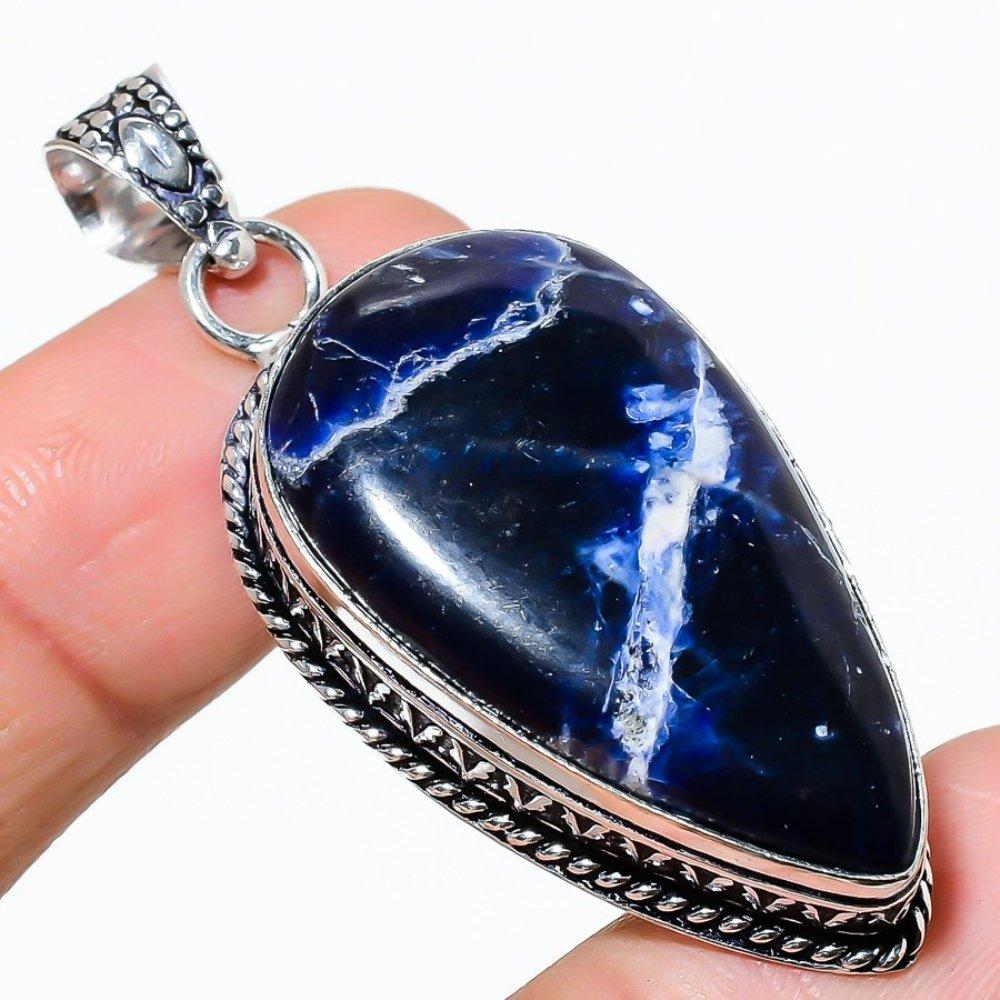 Natural Sodalite Gemstone Handmade 925 Sterling Silver Pendant 2.21" b3F86